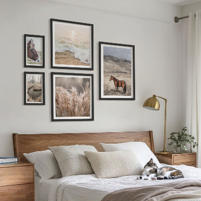 Conjunto de 5 quadros com moldura Paisagens com cavalos e água