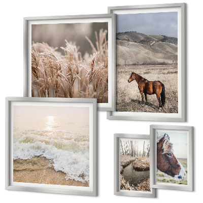 Conjunto de 5 quadros com moldura Paisagens com cavalos e água
