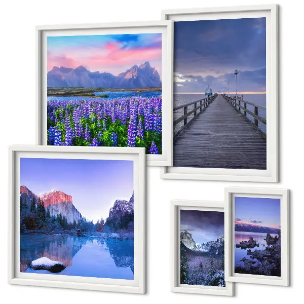 Conjunto de 5 quadros decorativos com paisagens de montanha e litoral