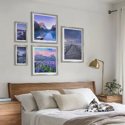 Conjunto de 5 quadros decorativos com paisagens de montanha e litoral