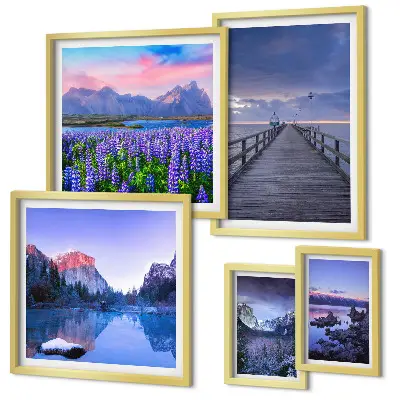 Conjunto de 5 quadros decorativos com paisagens de montanha e litoral