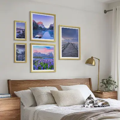 Conjunto de 5 quadros decorativos com paisagens de montanha e litoral