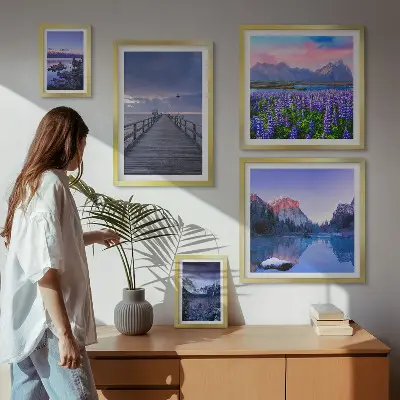 Conjunto de 5 quadros decorativos com paisagens de montanha e litoral
