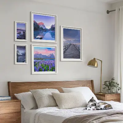 Conjunto de 5 quadros decorativos com paisagens de montanha e litoral