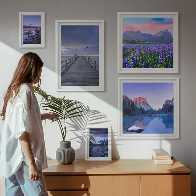 Conjunto de 5 quadros decorativos com paisagens de montanha e litoral