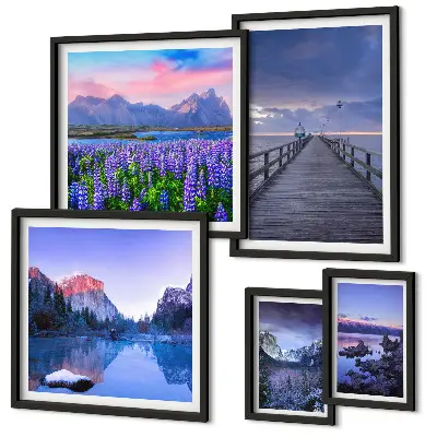 Conjunto de 5 quadros decorativos com paisagens de montanha e litoral