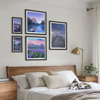 Conjunto de 5 quadros decorativos com paisagens de montanha e litoral