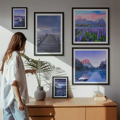 Conjunto de 5 quadros decorativos com paisagens de montanha e litoral