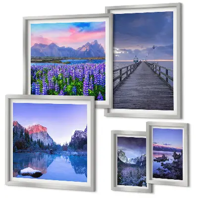 Conjunto de 5 quadros decorativos com paisagens de montanha e litoral