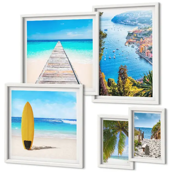 Galeria de parede com paisagens litorâneas e praias