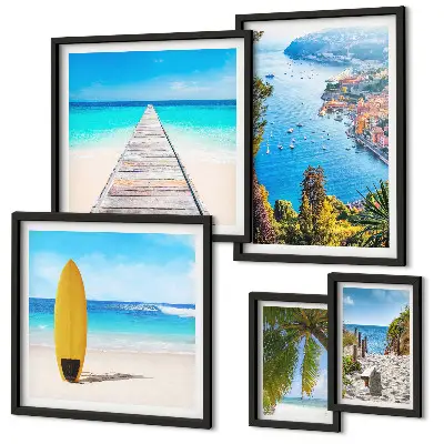 Galeria de parede com paisagens litorâneas e praias