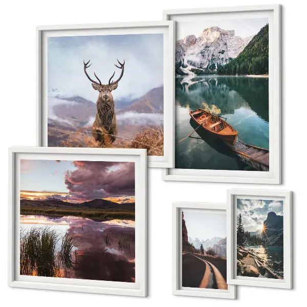 Conjunto de 5 quadros com moldura com temática de paisagens montanhosas, lagos e natureza