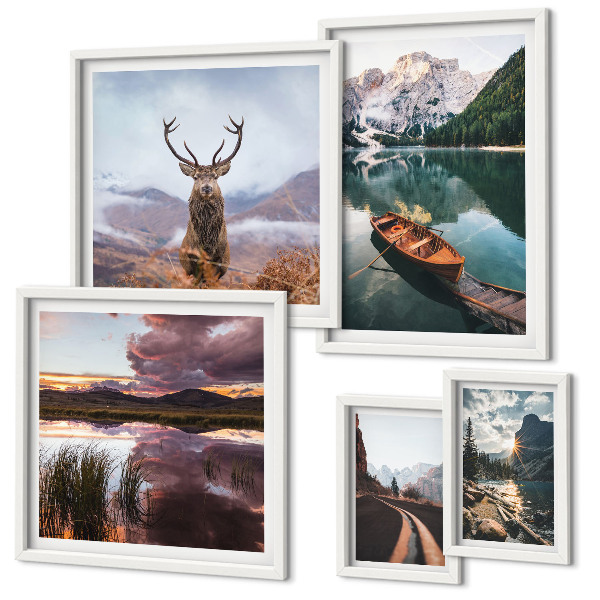 Conjunto de 5 quadros com moldura Paisagens, montanhas, lagos, natureza