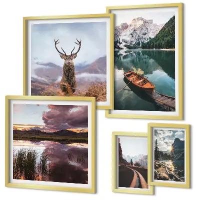 Conjunto de 5 quadros com moldura com temática de paisagens montanhosas, lagos e natureza