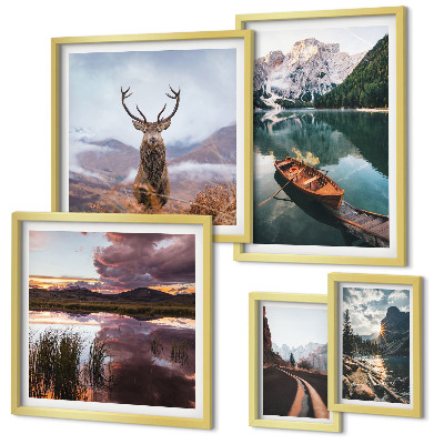Conjunto de 5 quadros com moldura Paisagens, montanhas, lagos, natureza