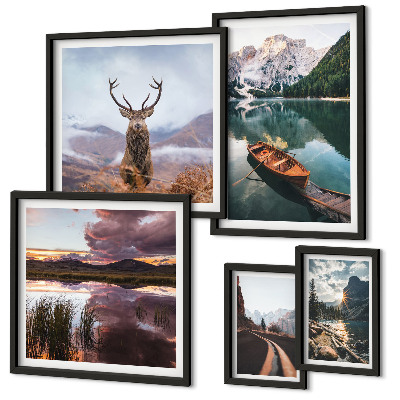 Conjunto de 5 quadros com moldura Paisagens, montanhas, lagos, natureza