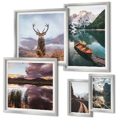 Conjunto de 5 quadros com moldura com temática de paisagens montanhosas, lagos e natureza