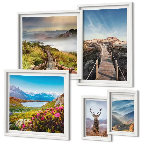 Conjunto de 5 quadros decorativos com paisagens de montanhas e florestas selvagens