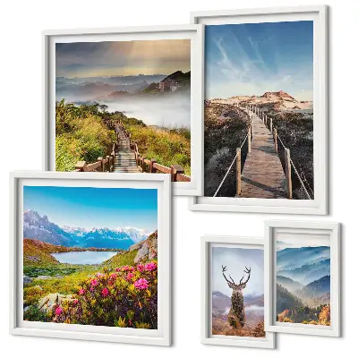 Conjunto de 5 quadros decorativos com paisagens de montanhas e florestas selvagens