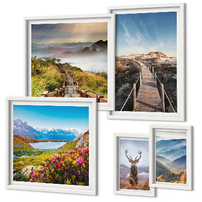 Conjunto de 5 quadros decorativos Paisagens de montanhas e florestas selvagens
