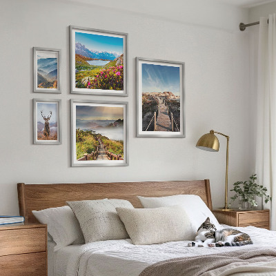 Conjunto de 5 quadros decorativos Paisagens de montanhas e florestas selvagens