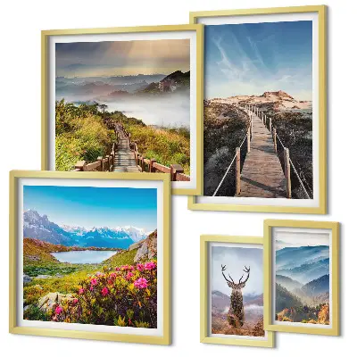 Conjunto de 5 quadros decorativos com paisagens de montanhas e florestas selvagens