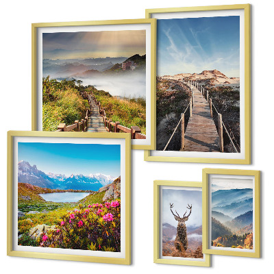 Conjunto de 5 quadros decorativos Paisagens de montanhas e florestas selvagens