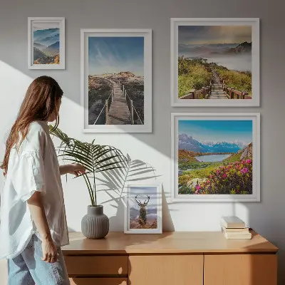 Conjunto de 5 quadros decorativos com paisagens de montanhas e florestas selvagens