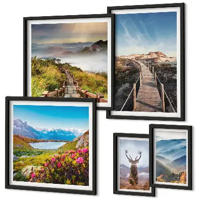 Conjunto de 5 quadros decorativos com paisagens de montanhas e florestas selvagens