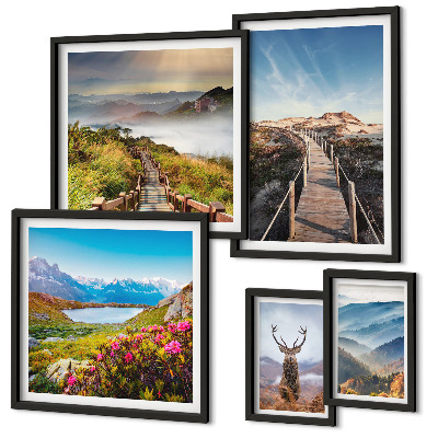 Conjunto de 5 quadros decorativos Paisagens de montanhas e florestas selvagens