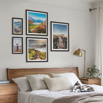 Conjunto de 5 quadros decorativos Paisagens de montanhas e florestas selvagens