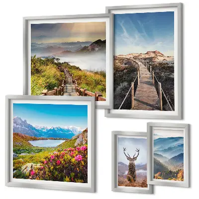 Conjunto de 5 quadros decorativos com paisagens de montanhas e florestas selvagens