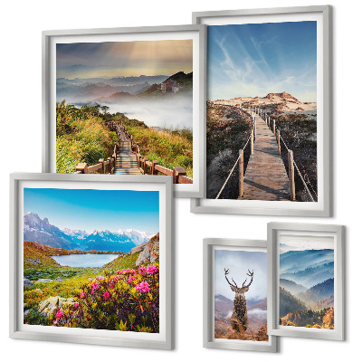 Conjunto de 5 quadros decorativos Paisagens de montanhas e florestas selvagens