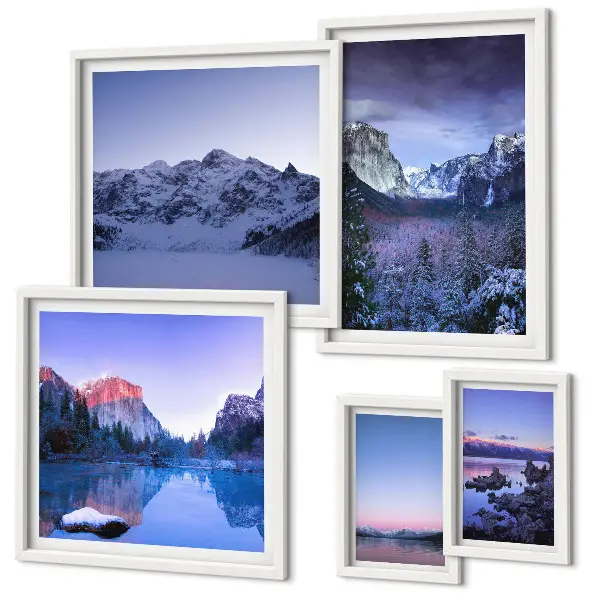 Galeria de parede com paisagens de montanhas, lagos e florestas