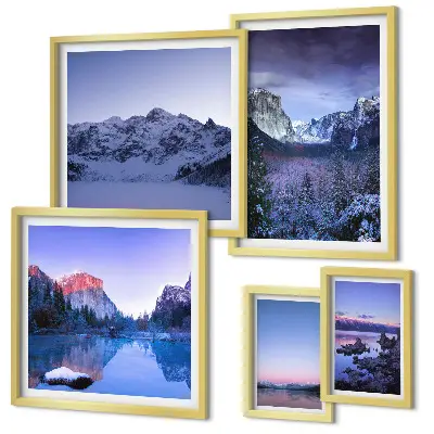 Galeria de parede com paisagens de montanhas, lagos e florestas