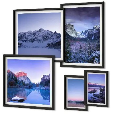 Galeria de parede com paisagens de montanhas, lagos e florestas