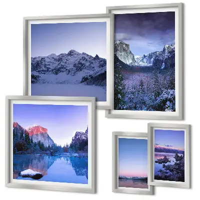 Galeria de parede com paisagens de montanhas, lagos e florestas