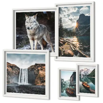 Conjunto de 5 quadros com moldura com estampas de paisagens da natureza e vida selvagem