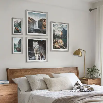 Conjunto de 5 quadros com moldura com estampas de paisagens da natureza e vida selvagem