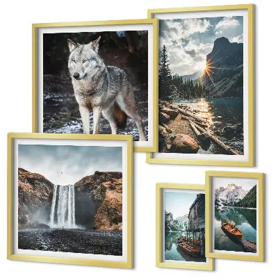 Conjunto de 5 quadros com moldura com estampas de paisagens da natureza e vida selvagem