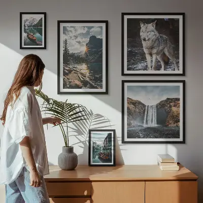 Conjunto de 5 quadros com moldura com estampas de paisagens da natureza e vida selvagem