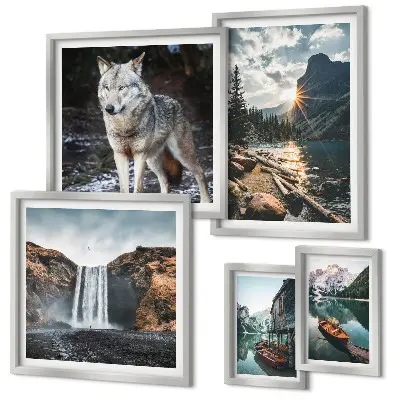 Conjunto de 5 quadros com moldura com estampas de paisagens da natureza e vida selvagem
