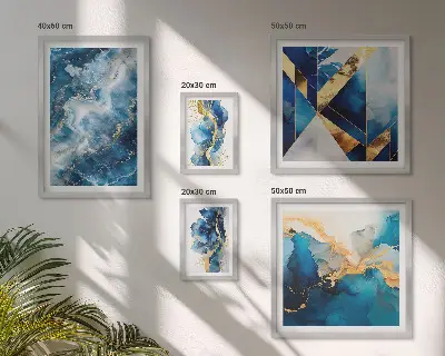 Conjunto de 5 quadros decorativos com composições abstratas em azul