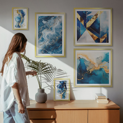 Conjunto de 5 quadros decorativos Composições abstratas em azul