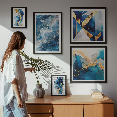 Conjunto de 5 quadros decorativos Composições abstratas em azul