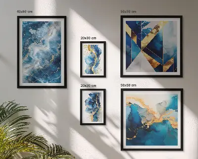 Conjunto de 5 quadros decorativos com composições abstratas em azul