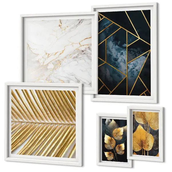 Conjunto de 5 quadros decorativos com estampas de folhas elegantes e geometria