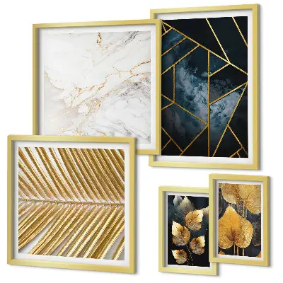 Conjunto de 5 quadros decorativos com estampas de folhas elegantes e geometria