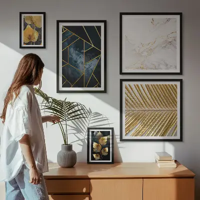 Conjunto de 5 quadros decorativos com estampas de folhas elegantes e geometria