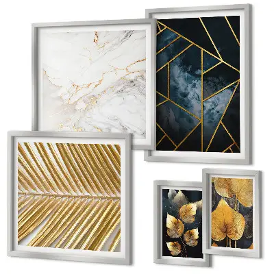 Conjunto de 5 quadros decorativos com estampas de folhas elegantes e geometria